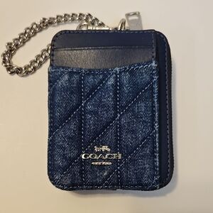 Coach Quilted Navy Denim Card & Key Holder with Chain